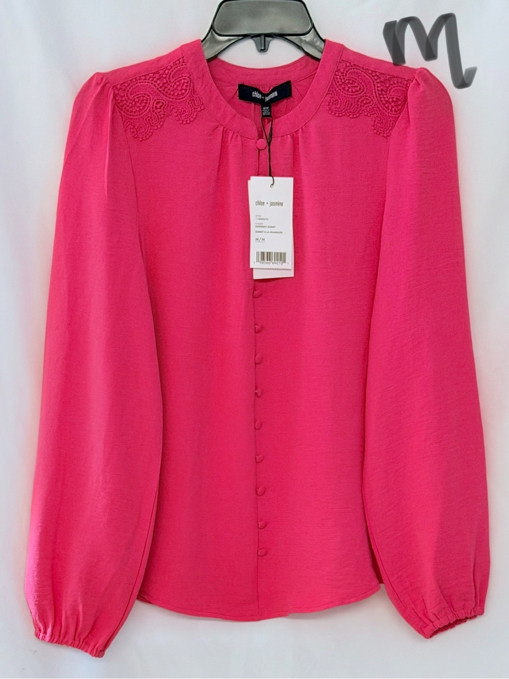 Chloe + Jasmine Hot Pink Lace-Shoulder Button-Front Blouse